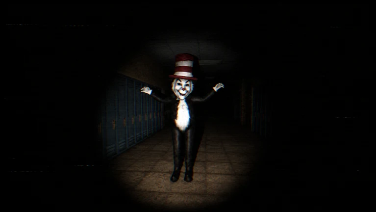 A narrow torch beam is the only light in a dark locker-lined corridor, picking out a grinning striped-hat figure with its arms raised.