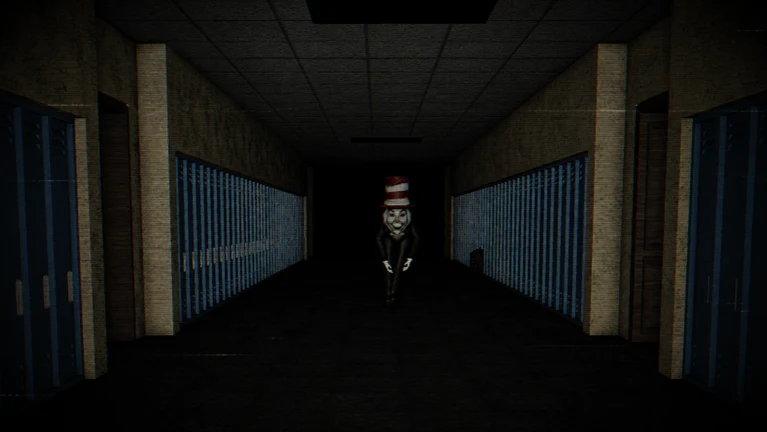 A long school corridor lined on both sides with blue lockers, lit only near the middle, with a small striped-hatted figure at the far end.
